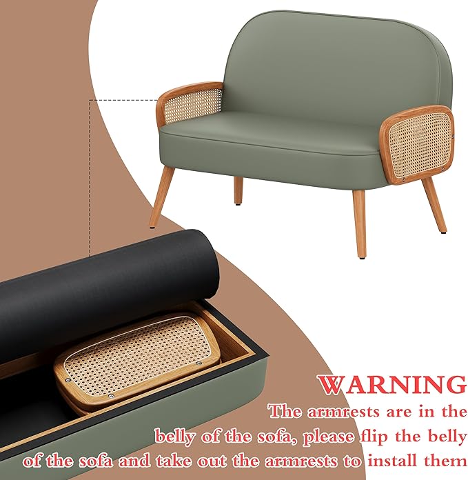 Aklaus 45 W Faux Leather Small loveseat with Natural Rattan ArmsUpholstered Modern Mini Sofa Couch Love Seat Settee Bench with Back for Living Room Bedroom Office Small Space Entryway Green