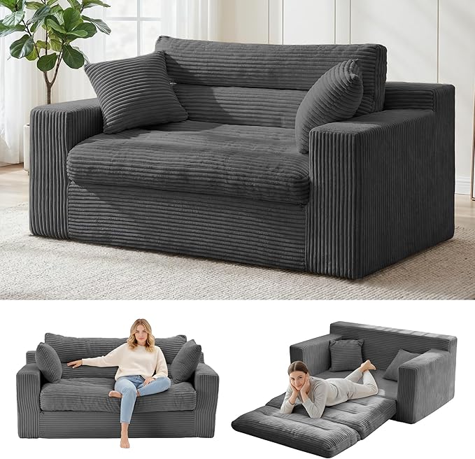 Convertible Sofa Bed Pull Out Boneless Couch Loveseat Floor Sofa Bed with Pillows 2-Seater Folding Sofa Loveseat Boneless Couch for Living Room Bedroom Apartment Office(Grey)