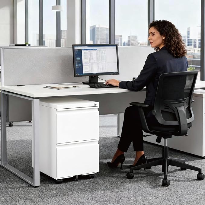 2 Drawer File Cabinet with LockRolling Filing Cabinet with Wheels for Home OfficeUnder Desk Metal File CabinetOffice Storage OrganizerWhite