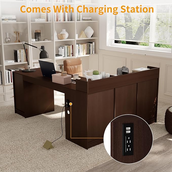 78 L Shape Executive Desk - Large Office Desk with Drawers and Cabinet Storage Business Furniture with Charging Station &amp USB Ports Modern Computer Desk for Home Office Brown