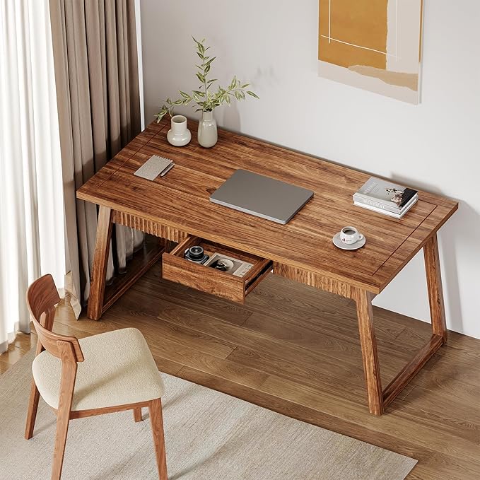 LITTLE TREE 55-Inch Home Office Desk with Drawer Modern Minimalist Style Wooden Simple Study Writing Table Mid-Century Log Executive Desk Computer Desk PC Laptop Desk Workstation Walnut Brown