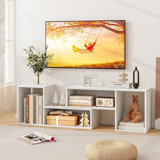 Tangkula 2 Pieces L-Shaped TV Stand Free-Combination Entertainment Center for TVs up to 55 Inch Modern TV Media Console Table with 4 Open Cubes DIY Bookcase Shelf for Living Room (White 2 pcs)