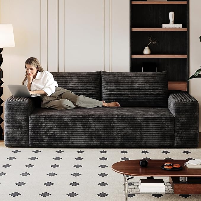 Modern Corduroy Loveseat Sofa2-Seater Cloud Couch with Memory Foam and Furry PillowsDeep Seat Small Sofa with Wide ArmrestsNo Assembly Couch in a Box for BedroomSmall Space (Black63in)