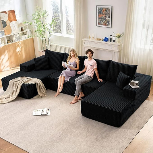 Cloud Modular Sectional Sofa for Living Room 134x69.7 Oversized U-Shaped Couch with 9 Pillows Big Comfy Couches Set Fluffy Deep-Seat Corduroy Sofa with Left &amp Right Chaise No Assembly (Black)