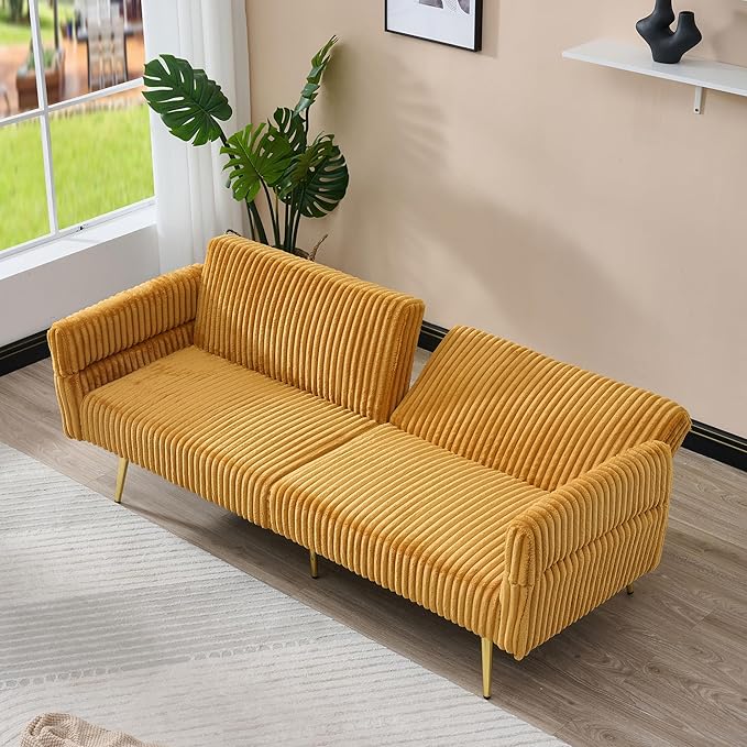 73 Convertible Futon Sofa BedComfy Teddy Fabric Sleeper Couch with 3 Reclining BackrestsGolden Chrome LegsModern Cloud Sofa Loveseat for Small Living Room Office (Yellow-Corduroy)