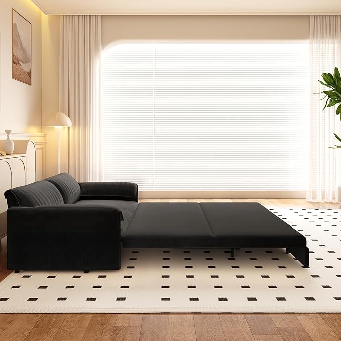 Pull Out Sofa Bed Queen 3 in 1 Convertible Sleeper Sofa Couch with Pullout Bed Comfy Futon Sofa cama moderno Velvet Recliner Loveseat for Living Room Apartment Small Space 66 Black