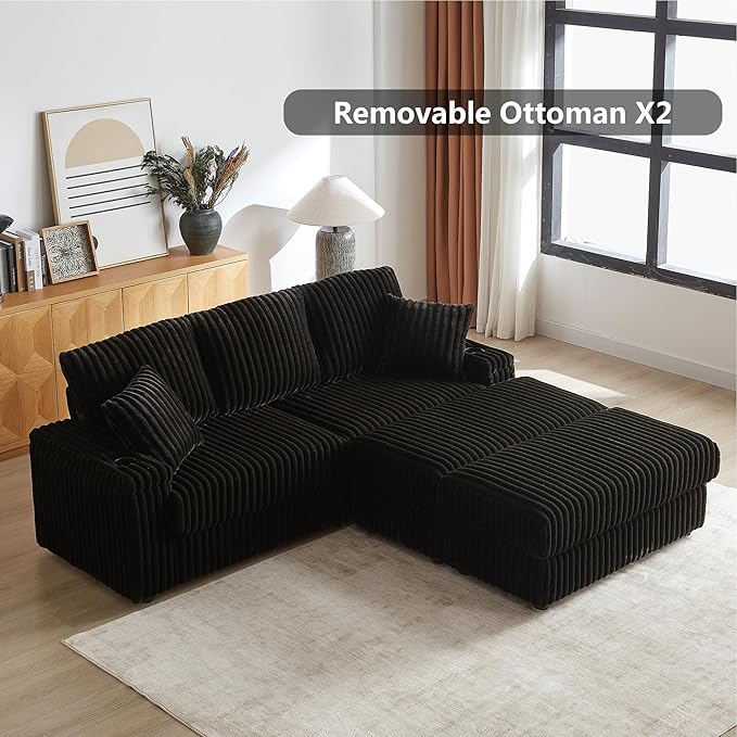 Aoowow 84 Corduroy Oversized 3-seater sofa with 2 Ottomans Modular Sectional Deep Seat Sofa with Back and Toss Pillows Modern Comfy Sofa with 2 Storage Spaces and Cup Grooves for Living Room Black