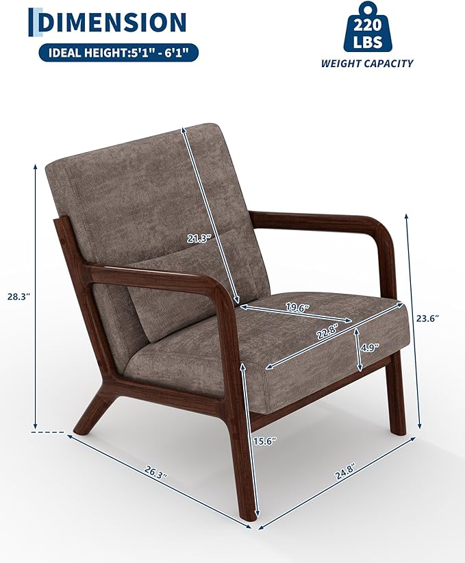 GarveeHome Mid-Century Accent Chair Cozy Chenille Reading and Lounge Armchair with Lumbar Pillow Modern Wood Frame for Living Room Bedroom Office Brown