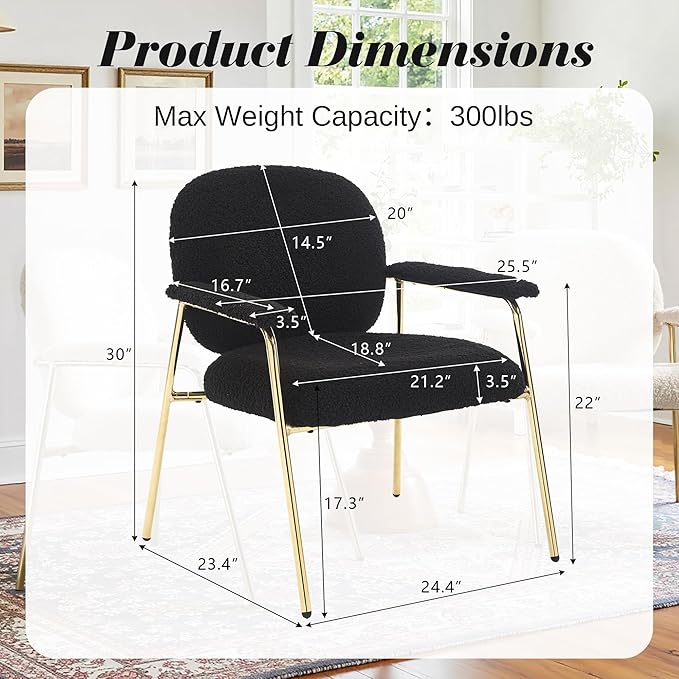 Accent Chair Set of 4 Sherpa Upholstered Armchair Reading Side Chair Comfy Living Room Chair with Gold Metal Legs for Bedroom Waiting Room Black