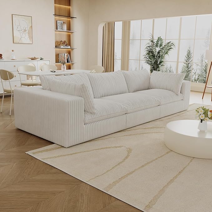 Oversized 118 W Corduroy Boneless Couches for Living Room No Assembly Required 3-Seaters Modular Sectional Sofa with Removal Cushion Comfy Plush Upholstered Couch for Apartment/Office (White) | Co