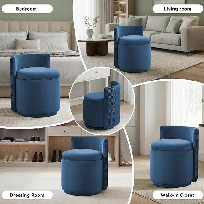 360° Swivel Velvet Vanity Chair with Storage Barrel Makeup Chair with Wave Back No Assembly Upholstered Vanity Small Accent Chairs for Living Room Blue