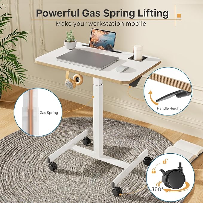 Mobile Standing Desk Rolling Laptop Cart Adjustable Height with Cup Holder 28 inch Portable Table with 4 Lockable Wheels White Computer Workstation with Hook and Slots for Home Office