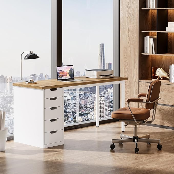 Tribesigns Modern Simple Computer Desk 47 Inches PC Desk with 5 Reversible Drawers Rustic Brown Study Writing Table Workstation for Home Office Small Spaces (Walnut+White)