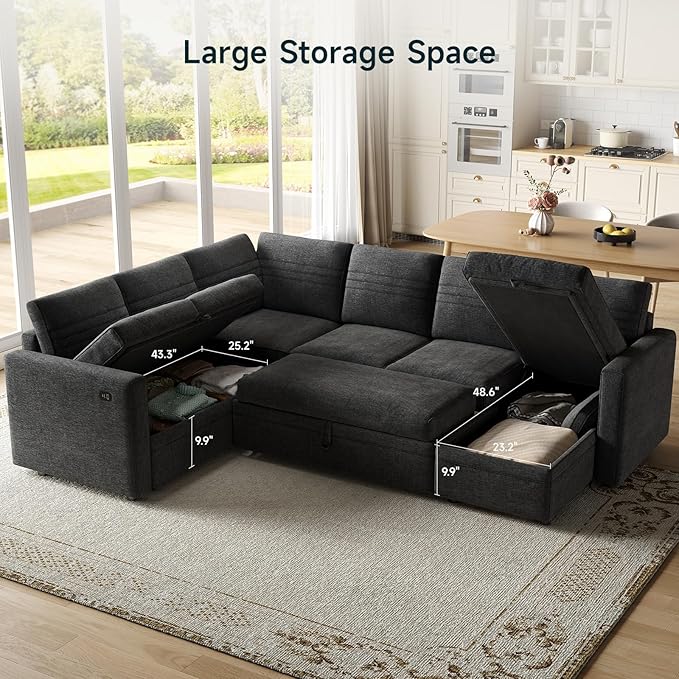 ONBRILL 105 Modular Sectional Sleeper Sofa with Pull Out Bed6 Seat Sectional Sleeper Sofa with Storage ChaiseUSB PortsModern U-Shaped Couches for Living RoomTool-Free AssemblyChenilleBlack
