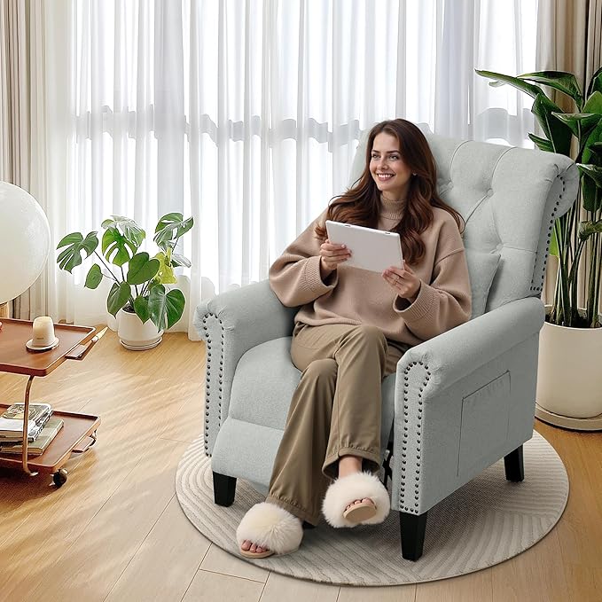 Pushback Recliner Chair Accent Push Back Chair Set of 2 with Adjustable Footrest Upholstered Linen Reclining Sofa with Side Pocket Comfy Modern Armchair for Living Room Light Grey