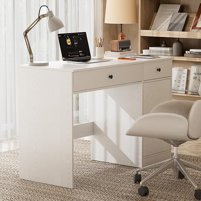 TUSY 47 White Office Desk with Drawers - Modern Office Desk with Storage Executive Desk for Office Modern Computer Desk for Small Spaces Wood Writer Desk for Study Bedroom Home Office