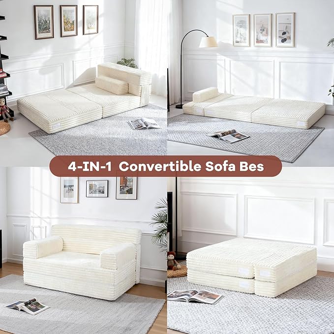 Folding Sofa BedConvertible Sofa Bed with Armrest Foldable Sleeper Chair Portable Folding 4-in-1 Floor Sofa with Convertible Lounge Chair for Living RoomBedroomWashable CoverWhite Single