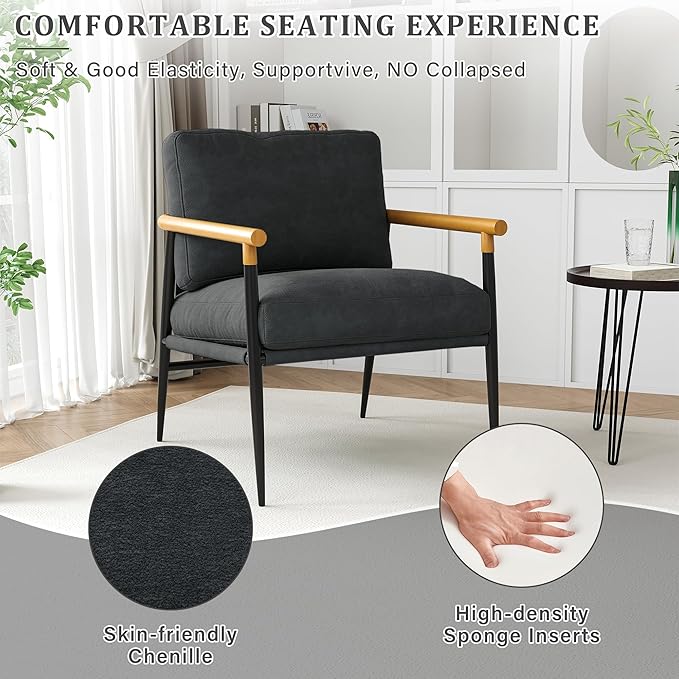 UIXE Metal Armchair Chenille Accent Chair for Living Room Modern Reading Arm Chair with Thicken Cushion - Black Set of 2