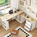 63 Large Electric Standing Office Desk with Drawers Modern Executive Deep L Shaped Computer Raising Stand up Desk with Shelves Storage for Home Office Adjustable Height White &amp Natural