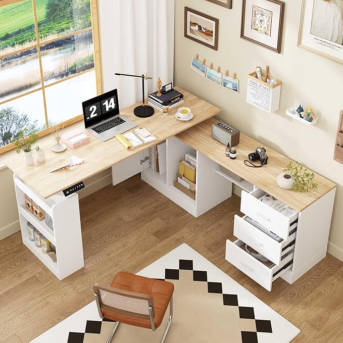 63 Large Electric Standing Office Desk with Drawers Modern Executive Deep L Shaped Computer Raising Stand up Desk with Shelves Storage for Home Office Adjustable Height White &amp Natural