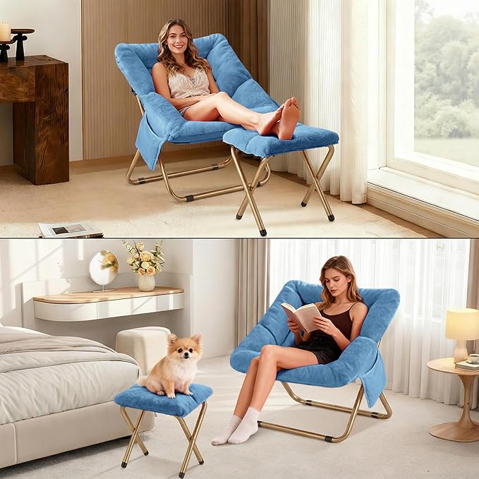 Comfy Saucer Chair for Adults Foldable Living Room Chairs Soft Faux Fur Lounge Chair for Bedroom Reading Chairs X-Large (Ottoman-Blue)