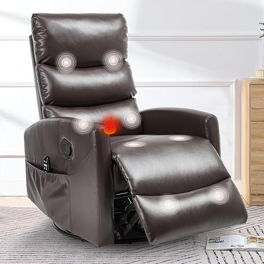 cinkehome Small Swivel Rocker Recliner Chair with Heated Massage Upholstered Nursery Glider Recliner Chair High Back Side Pocket (Brown PU Leather)