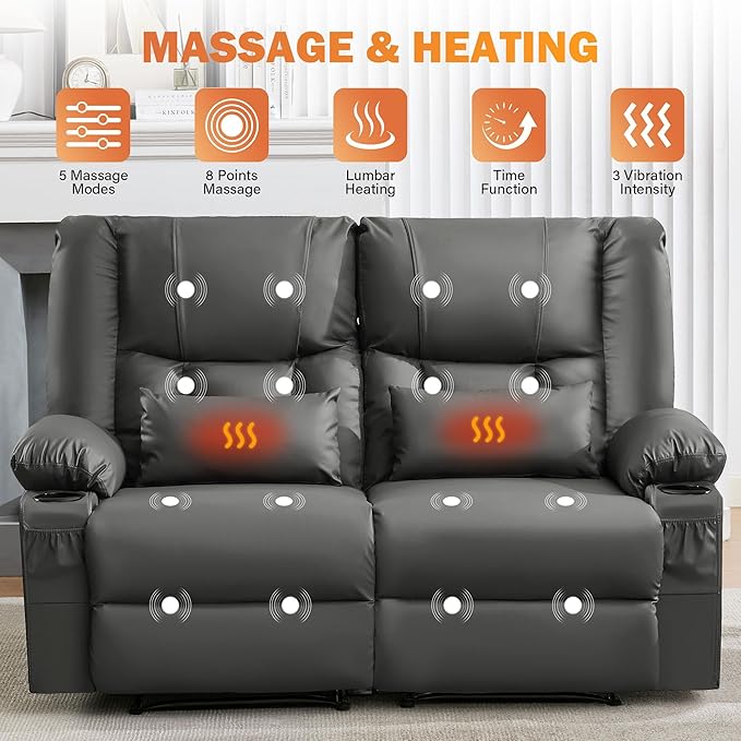 Grey Leather Reclining Loveseat with Massage/Heat/Pillow/USB/Cup Holders Oversized Loveseat Recliner for Living Room Manual Reclining Sofa for Adults 700 Lbs Capacity (Grey)