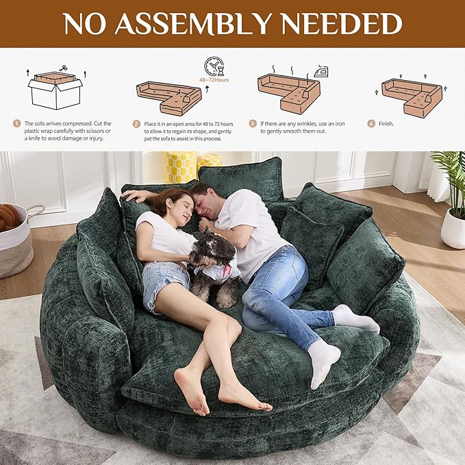 81 Round Sofa Bed Big Bean Bag Round Chaise Lounge Oversized Round Couch Boneless Reading Chair Plush Fluffy Chenille Large Chaise Chair for Living Room Bedroom Apartment Green