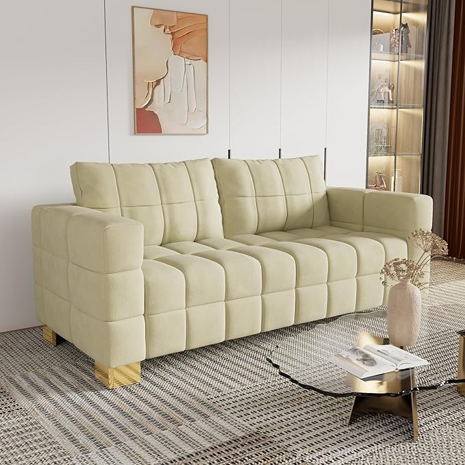 81.89 Sofa Comfy 3 Seat Sofa Tufted Chenille Upholstered Sofa Couch for Living Room with Gold Metal Legs and 2 Throw Pillows (BAIGE-N)