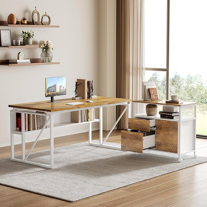 LITTLE TREE 63-Inch Office Desk with 31.5-Inch Lateral File Cabinet Study Writing Desk Computer Desk for Home Office