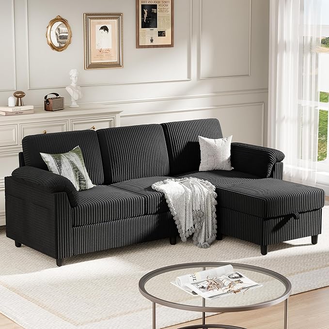 Meilocar Sectional Sofa Couch for Living Room 79 Sectional Couches with Ottoman L Shaped Couch with Armrests Side Storage Pockage 3-Seat Sofa Couches for Apartment Black