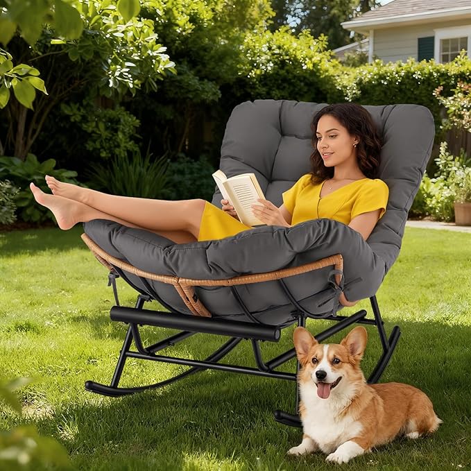 GarveeHome Indoor Papasan Rocking Chair Rattan Rocker with Extendable Footrest &amp Detachable Polyester Cushion 352lbs Sturdy Large Reading Lounge for Indoor Bedroom Living Room Dark Grey