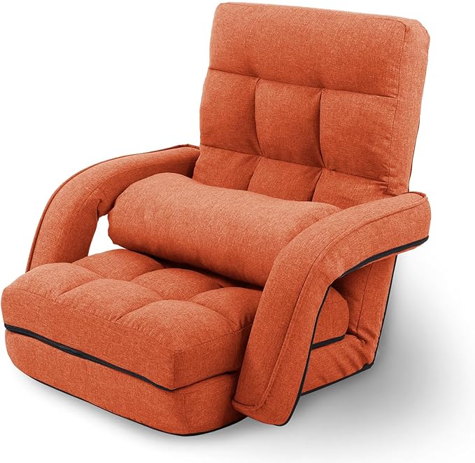 Adjustable Floor Chair for Adults with Back Suppor5-Position Folding Lazy Sofa with Pillow Gaming &amp Meditation Chair with Breathable Fabric - for Living Room Bedroom OfficeBalcony (Orange)
