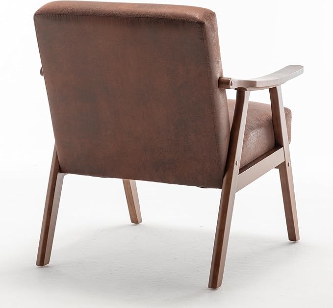 Mid Century Modern Accent ChairComfy Fabric Reading Chair with Retro Solid Wood Frame &amp High Back Upholstered Lounge Arm Side Chair for Living Room Bedroom Balcony (Coffee Imitation Leather)