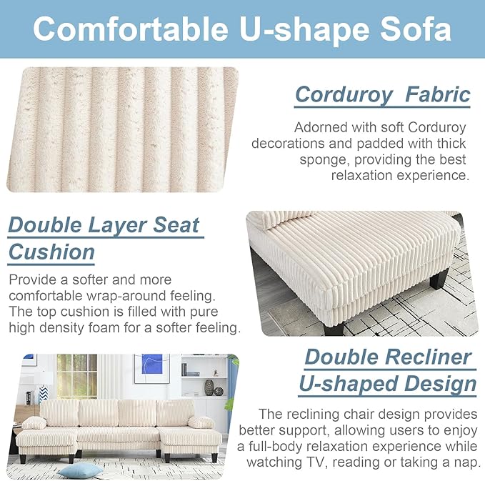 114 Cloud Couch Modular Sectional Sofa Convertible U-Shaped Sofas Couches with Double Chaise Lounge Corduroy Upholstery Sofa Double Cushions Deep Seat Couchs for Living Room White