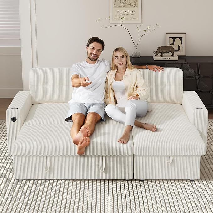 83'' Pull Out Sofa Bed 2 in 1 Convertible Sleeper Sofa Couch with Storage Chaise &amp USB Charging Comfy Corduroy Modular Couches for Living Room ApartmentBeige 1 PCS