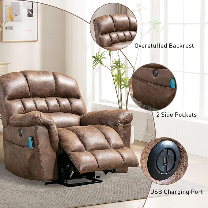Bonzy Home Power Lift Chairs Recliner with Massage and Heating Electric Recliner Chair with 24 Wide Seat for Big People Full Padded Backrest Waterproof Faux Leather USB Charging Ports Brown
