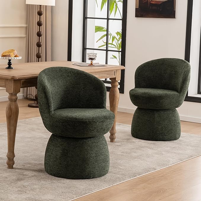 Rowill 360 Degree Swivel Accent Chair Set of 2 Modern Green Barrel Chairs Boucle Fabric Upholstered Comfy Chair for Living Room Bedroom Dining Room Reading Nook
