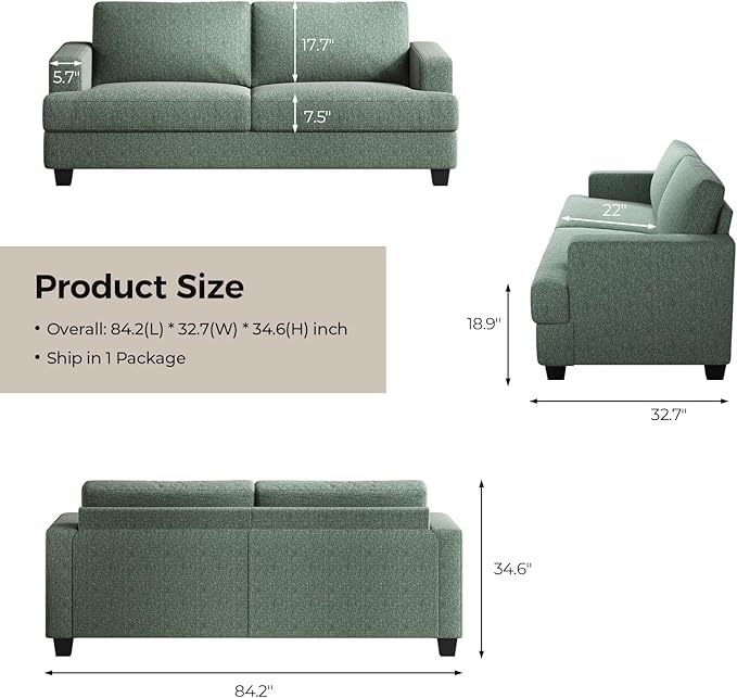 84 Inch Sofa with Extra Deep Seats Oversize Linen Fabric 2 Seater Sofa for Living RoomModern Couch and Loveseat Comfy Armrests and Seats and Backrests Easy Installation Light Green