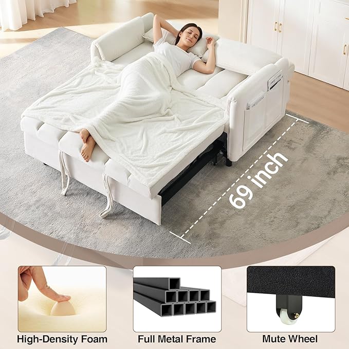 3 in 1 Convertible Sleeper Sofa Bed Modern Velvet Loveseat Pull-Out Couch w/Pullout Bed Small Love Seat Lounge Sofa w/Reclining BackrestToss Pillows Pockets for Living Room