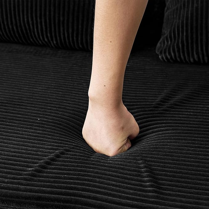 79 Convertible Sleeper Sofa Bed Oversized Corduroy Floor Couch with 2 Pillows Pull Out Memory Foam Mattress Guest Bed High-Density Sleeper Loveseat for Living Room Apartment [Black]