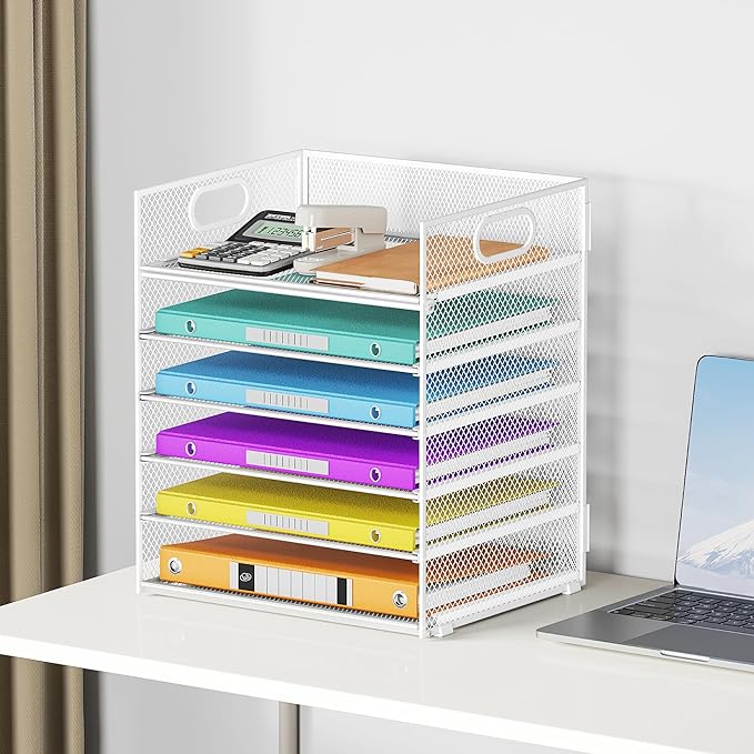 6 Tray Paper Organizer Letter Tray with Handle - Mesh Desk File Organizer Paper Sorter Organizer for Office Home or School File Folder Holder - White