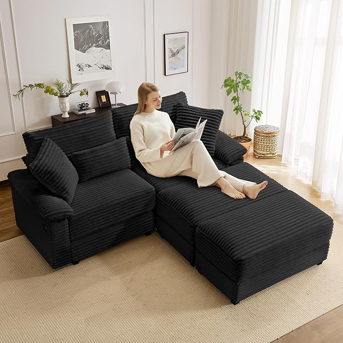 SUNWAVE 74 W Double Chaise Lounge Chair Indoor Oversized Loveseat with Storage Ottoman Corduroy Couch with USB Charging Removable Ottoman and Coffee Table Cushions for Living Room Bedroom