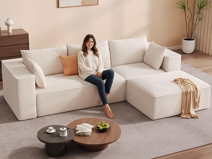 DWVO 108 Modular Sectional Couch with L-Shape Chaise Modern Cloud Sectional Sofa with Deep Seat Upholstered Couches for Living Room Bedroom No Assembly Required Beige