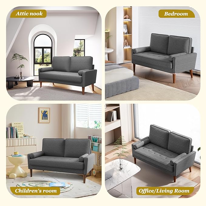 Vesgantti Loveseat Sofa with Solid Wood Legs 48 Small Couches for Small Spaces Love Seat for Living Room Bedroom Easy Assembly Mid Century Modern Couch with Throw Pillow for Apartment Grey