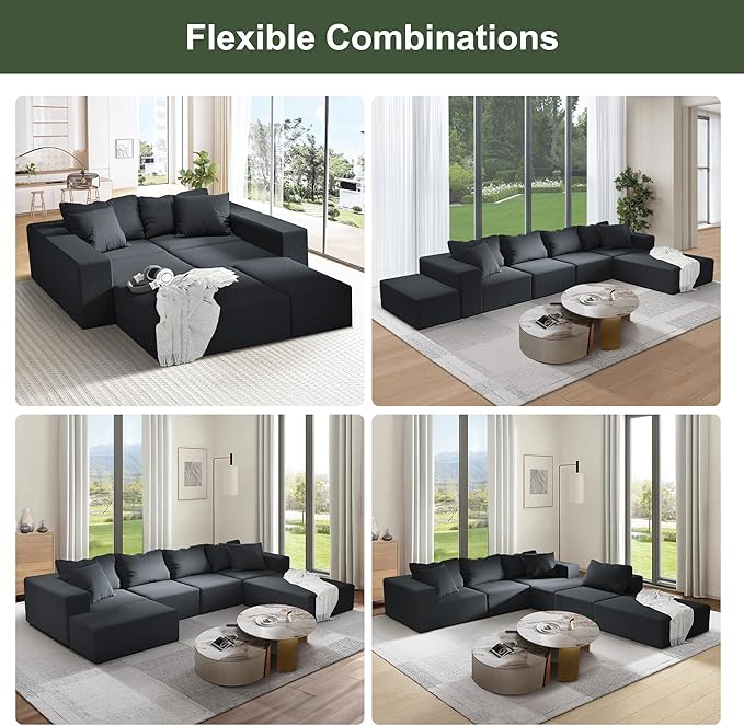 132 Modular Sectional Sofa Cloud Couch Sectional Modern Chenille Upholstered L-Shaped Sofa Set with 6 Pillows Deep Seat Comfy Couch for Living Room Free Combination No Assembly Required (Black)