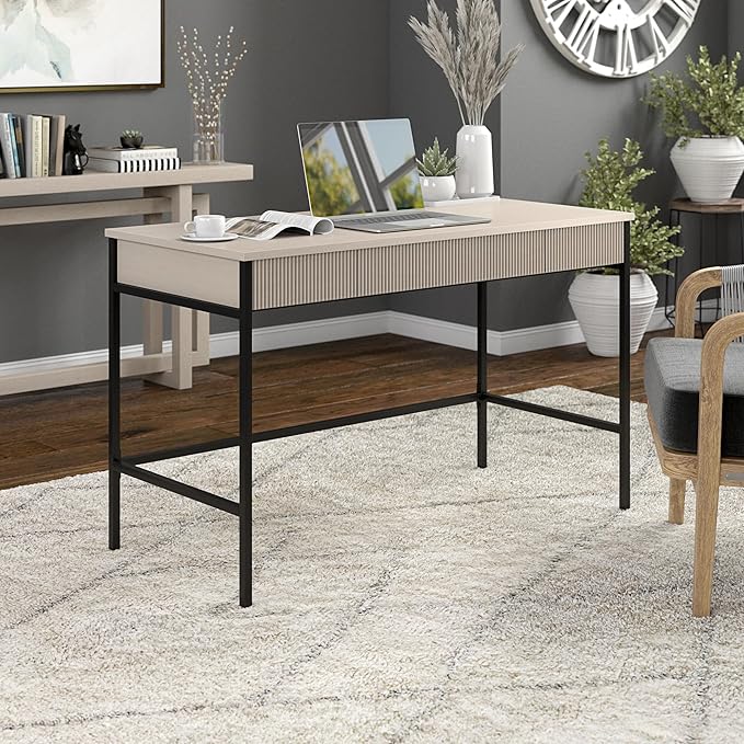 Henn&ampHart 48 Fluted Mid-Century Modern Rectangular Wooden Home Office Desk Computer Desk Writing Table with 3 Ribbed Storage Drawers for Bedroom Living Room or Home Office Beech White