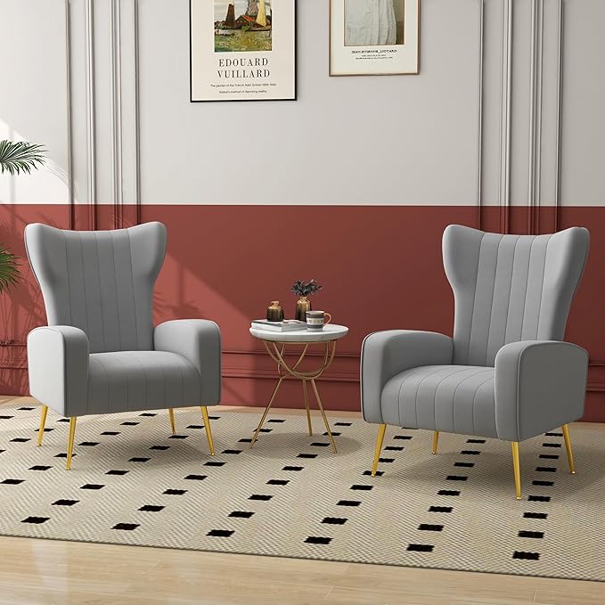 Accent Chair Upholstered Armchair with High Wingback &amp Metal Legs Mid-Century Modern Comfy Single Sofa Reading Chairs for Living Room Bedroom (Grey Set of 1)