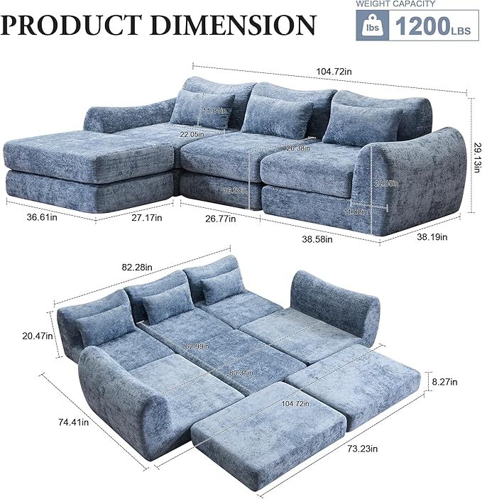 104.72 Multiple Modular Cloud Sofa Bed Sectional Boneless Couch with Chaise for Living Room/Bedroom Shennel Sofa No Assembly 8 Modules Combined Blue