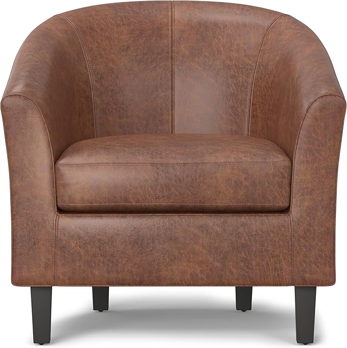 SIMPLIHOME Austin Tub Chair - 30 inch Wide Upholstered Faux Leather Contemporary Accent Chair in Distressed Saddle Brown for Living Room or Study with High Arms Removable Cushion